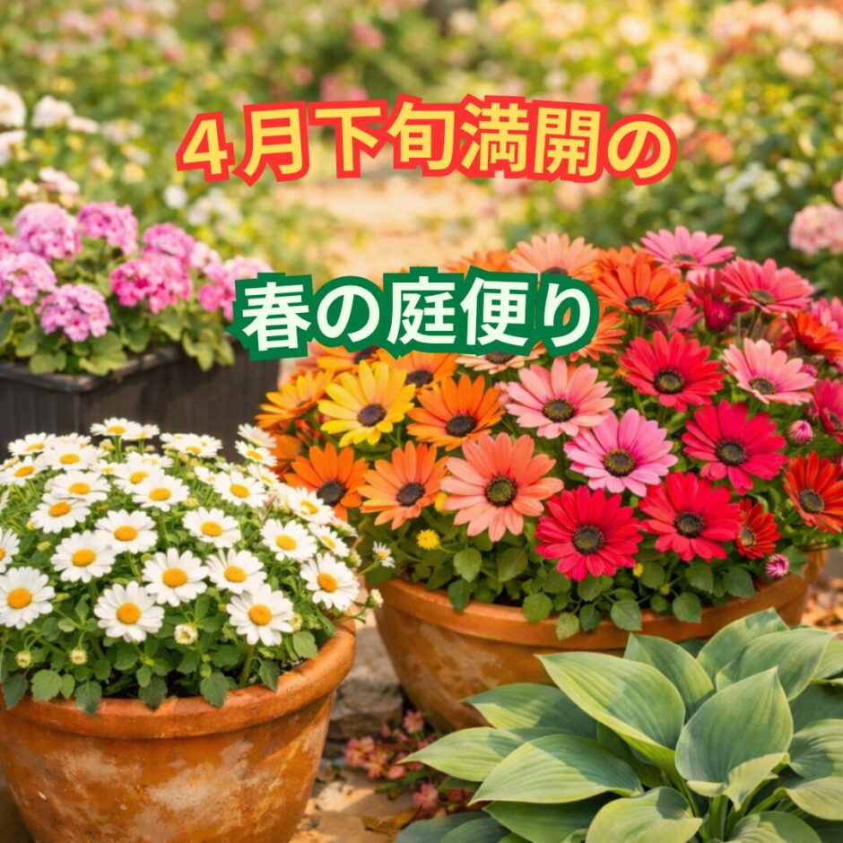 ４月下旬　春の庭だより オステオスペルマム　マーガレット　ヒメフウロソウ　ホスタ